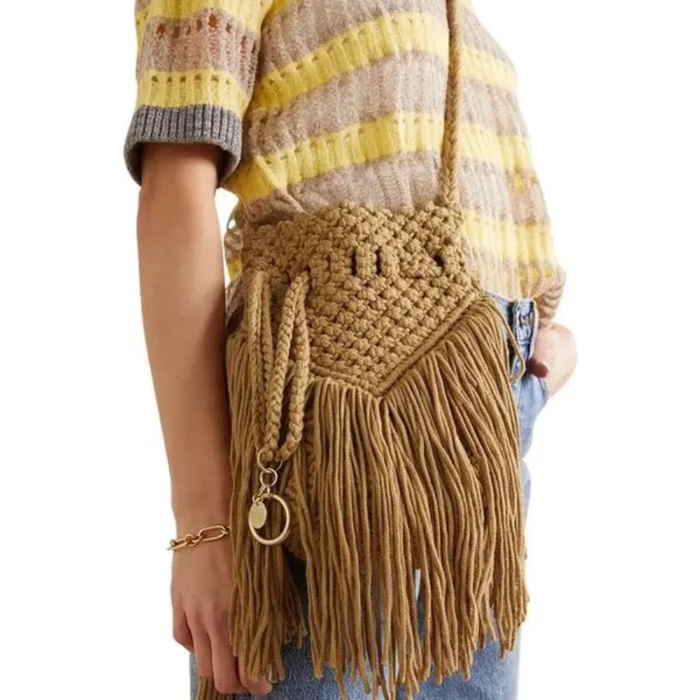 SEE BY CHLOÉ 100% Organic Cotton Roby Fringed Crocheted Bucket Bag - Price Firm